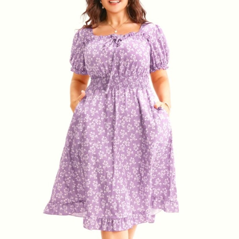 BloomChic Ditsy Floral Shirred Ties Square Neck Frill Trim Puff Sleeve Dress